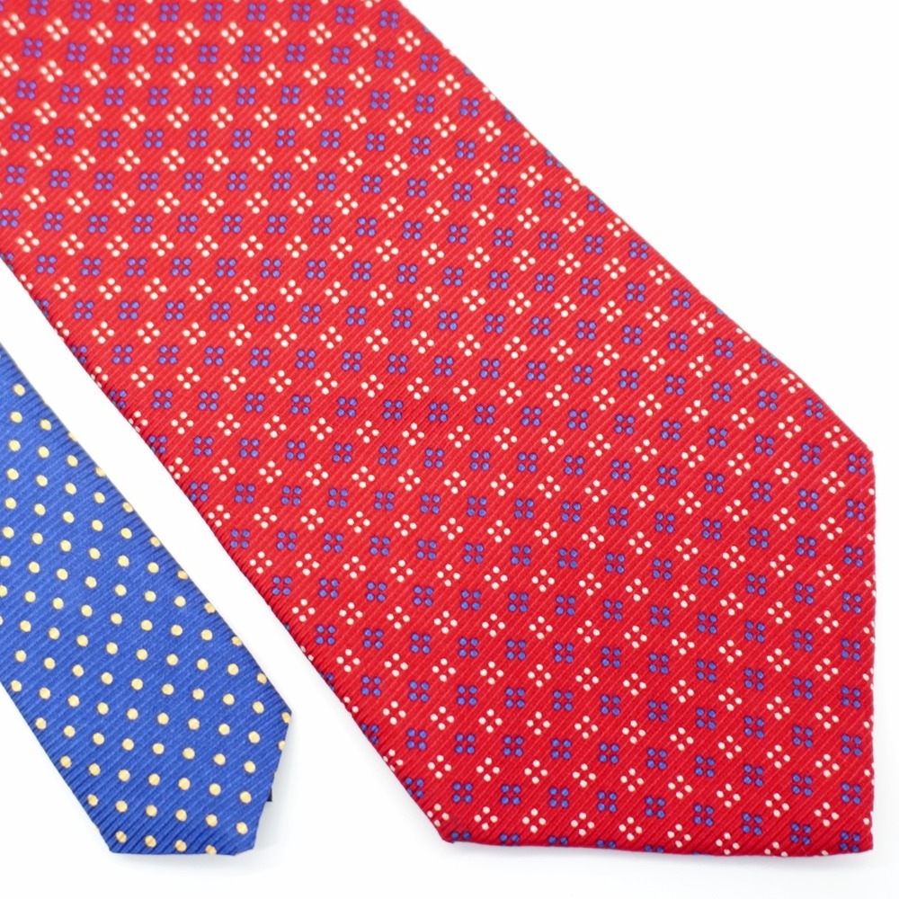 Vintage Tommy Hilfiger Red Blue Geometric Two-Tone Print On Woven Silk Tie